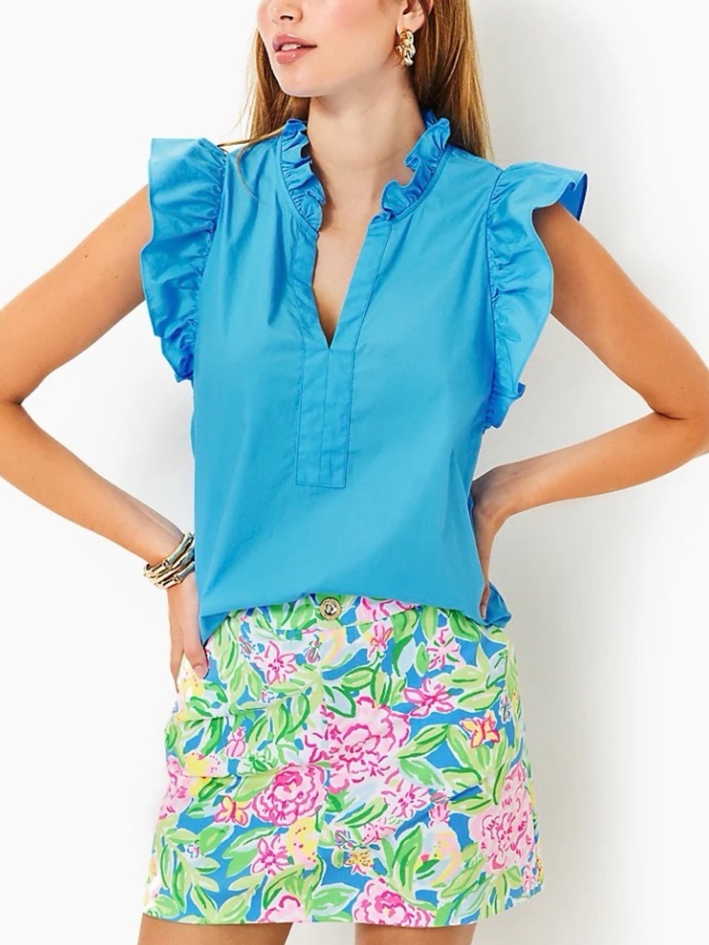 Lilly Pulitzer Klaudie Ruffle Sleeve Cotton Top Lunar Blue